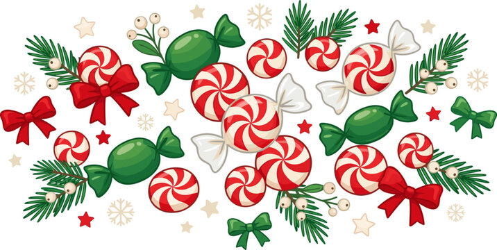Christmas candy border banner with peppermint candies, green wrapped sweets, red bows, pine branches and berries vector illustration
