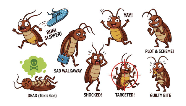 Funny cockroach cartoon character sticker set with various emotional expressions and actions in vector illustration format. (17 words)
