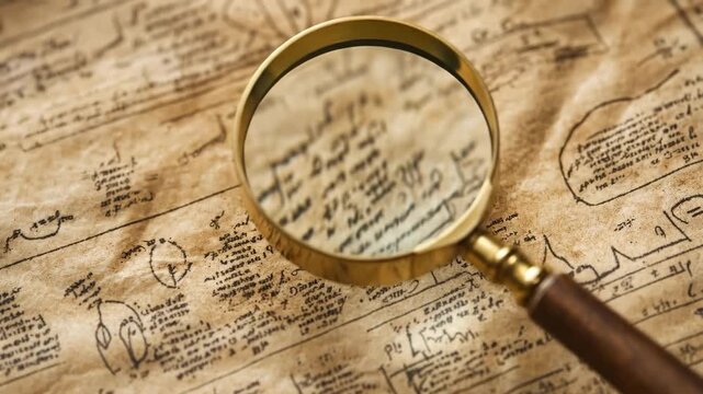 Vintage magnifying glass on antique map with handwritten notes
