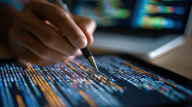 Software developer hand using a stylus pen to write code on a digital tablet screen in a dark office environment