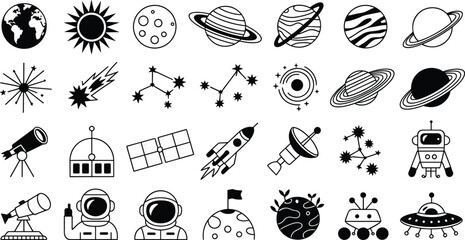 Space Exploration and Astronomy Icon Set with Planets Rocket Astronauts Telescope and Satellite Symbols for Educational Graphic Designs © Art by Chandon