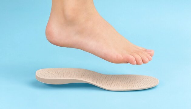 barefoot woman's foot above orthotic shoe insole on blue background for comfort and support