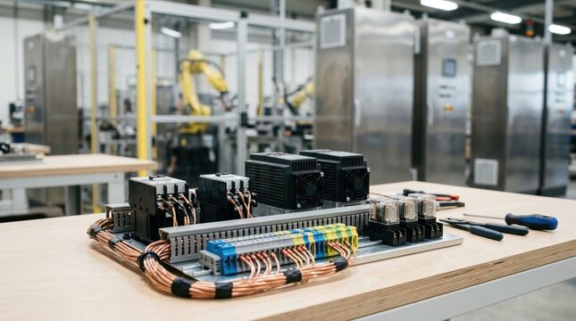 Concept of motor control component demand with an organized arrangement of contactors, variable frequency drive modules, relays, terminal blocks, and copper wiring on a clean workbench, backed by