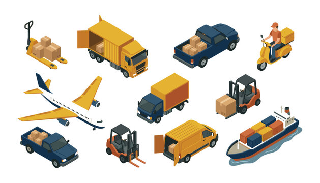 Isometric logistics and transportation vector set with delivery trucks cargo plane shipping boat forklift and scooter courier service. (18 words)