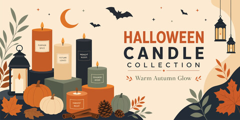 Halloween candle collection banner with autumn elements, pumpkins, pinecones, cinnamon sticks, and hanging lanterns in a flat vector illustration style © PixelAura_Studio