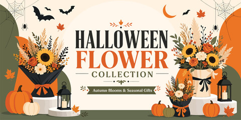 Fototapeta premium Halloween flower collection banner with autumn floral bouquets, pumpkins, lanterns, bats, and spider webs on a festive seasonal background