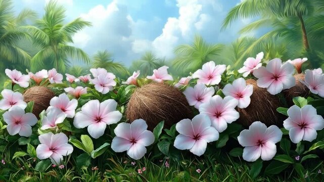 Tropical paradise with blooming hibiscus flowers and coconut shells under blue skies