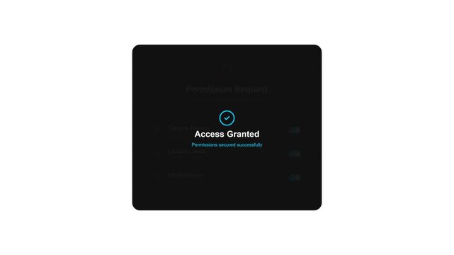 Mobile app permission request UI dashboard with sequential camera location and notification toggle animation on white background