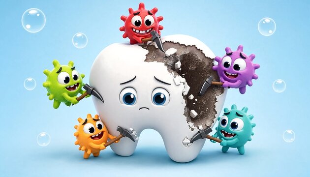 Tooth decay cartoon with bacteria and soap bubbles toothache
