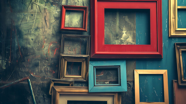 Colorful vintage photo frames on grunge wall