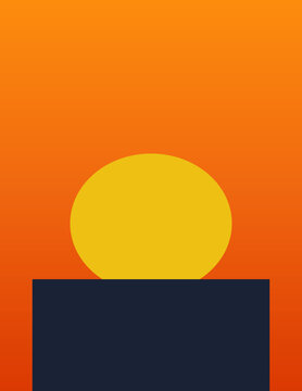 Retro Scandinavian sunset background with yellow sun, orange gradient sky and dark minimalist landscape