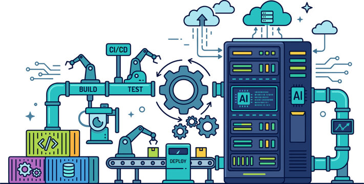 Ai devops automation concept with cicd pipeline, robotic arms building and testing software, and server infrastructure for artificial intelligence deployment