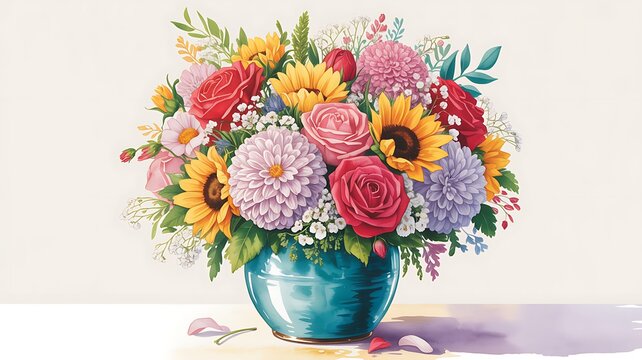 Beautiful watercolor bouquet of colorful flowers in a blue vase