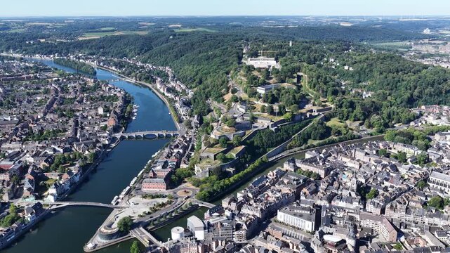 Aerial view of the Meuse and Sambre river confluence in Namur Belgium during summer