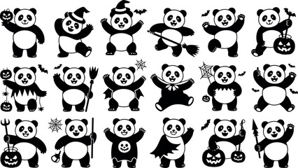 Fototapeta premium Cute Halloween Pandas Vector Silhouettes Set with Spooky Costume Characters and Festive Elements