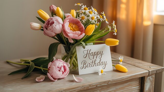 Beautiful spring flower bouquet with happy birthday greeting card note