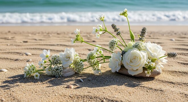 Beautiful white bridal flower bouquet resting on sandy ocean beach