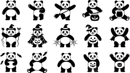 Set of Black Halloween Panda Bear Characters and Spooky Costumes Silhouettes Vector Illustration