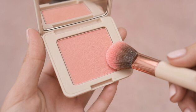 Woman applying pink blush with makeup brush from compact case Beauty routine with hands holding cosmetic product