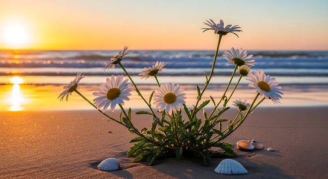 Beautiful white daisies growing on a sandy beach at sunset