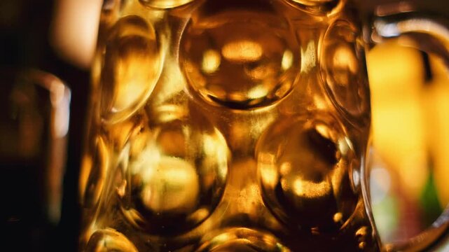 Beer Glass Bubbles Floating Up Golden Light Close Up