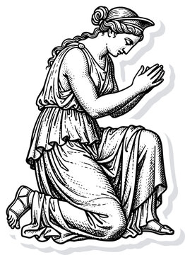 Vintage engraving of a classical Greek goddess kneeling in prayer and supplication, ancient mythological female figure illustration