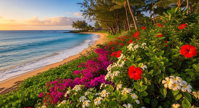 Beautiful tropical beach landscape with vibrant flowers at sunset time