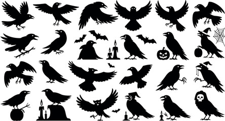 Fototapeta premium Set of Black Halloween Crow and Raven Silhouettes Vector Illustration