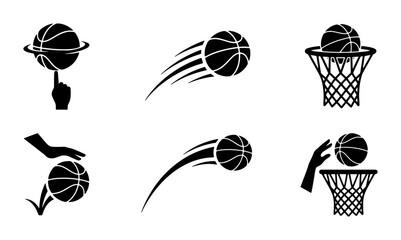 Basketball Action Icons Set, Dynamic Sports Motion Graphics, Slam Dunk and Spin Ball Vector Illustrations, Black and White Graphic Elements © Mahiya