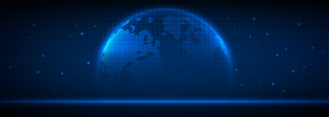Fototapeta premium Vector illustration of abstract blue futuristic wide background with neon blue tech globe on grid space.Futuristic design concepts.