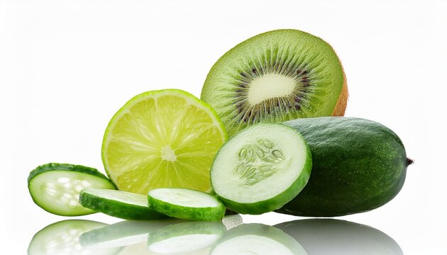 Fresh Sliced Kiwi Lime And Cucumber Fruits Isolated On Transparent Background