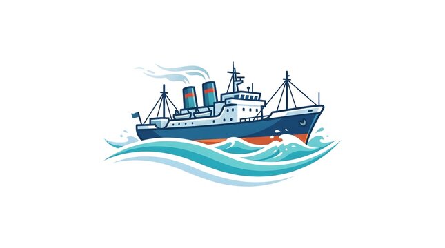 Vector illustration of a classic vintage steamship navigating through large ocean waves under a clear sky