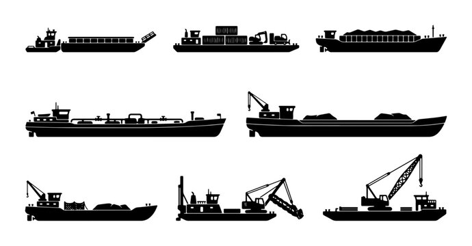 Diverse Cargo Barge Silhouettes, Set of 8 Industrial Water Transport Vessels, Commercial Shipping and Logistics Icons