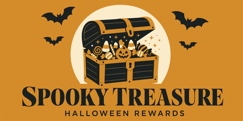 Halloween treasure chest filled with candies and sweets, surrounded by bats on an orange background vector illustration for holiday celebration, trick or treat, and seasonal rewards