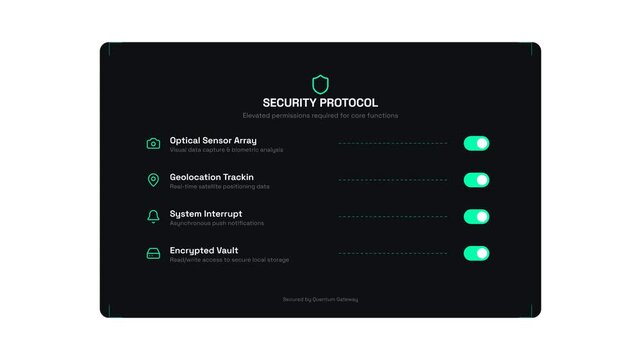 Security protocol dashboard UI animation with permission toggles and authorization granted status message on dark background