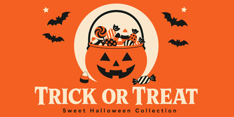 Halloween trick or treat pumpkin bucket full of candies, bats and stars on orange background © PixelAura_Studio