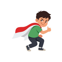 Little Heroic Boy Wearing Indonesian Flag Cape Giving Thumbs Up