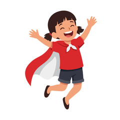 Happy Little Girl in Superhero Cape Jumping with Joy