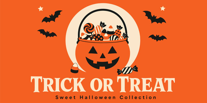 Halloween trick or treat pumpkin bucket full of candies, bats and stars on orange background