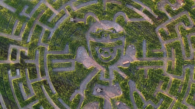 Aerial view of a large corn maze shaped like a cartoon character during sunset