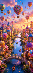 Fototapeta premium Colorful Hot Air Balloons Floating Above a Fantasy Canal City at Sunset – AI Generated