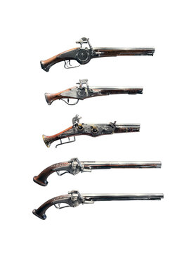 Group of antique firearms, wheellock pistols isolated on white background with clipping path