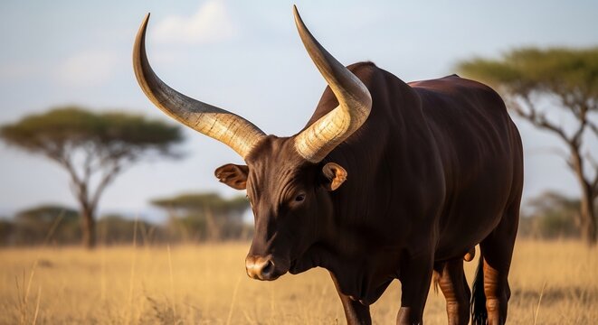 ankole watusi cattle with massive long horns in african savanna