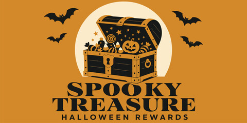 Halloween treasure chest with candy and pumpkins, vector illustration of spooky rewards for holiday celebration, flat design graphic for seasonal marketing and festive events