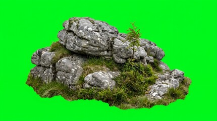 Fototapeta premium Rugged stone cluster with young green sapling growing on mossy rocks, vibrant backdrop