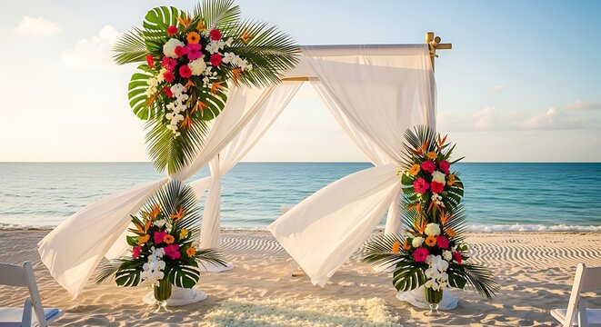 Beautiful wedding arch decorated with tropical flowers on the beach