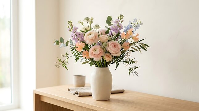 Beautiful bouquet of pastel flowers in a simple ceramic vase