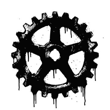 Industrial Gear Graffiti Stencil. Black Ink Silhouette with Messy Spray Paint Drips for Mechanical Streetwear Graphics.