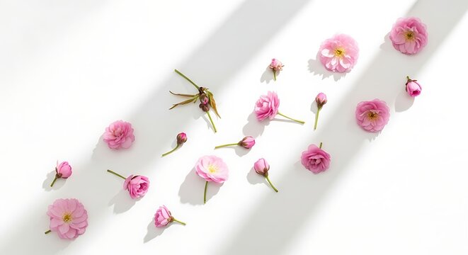 Beautiful pink ranunculus flowers scattered on a white background surface