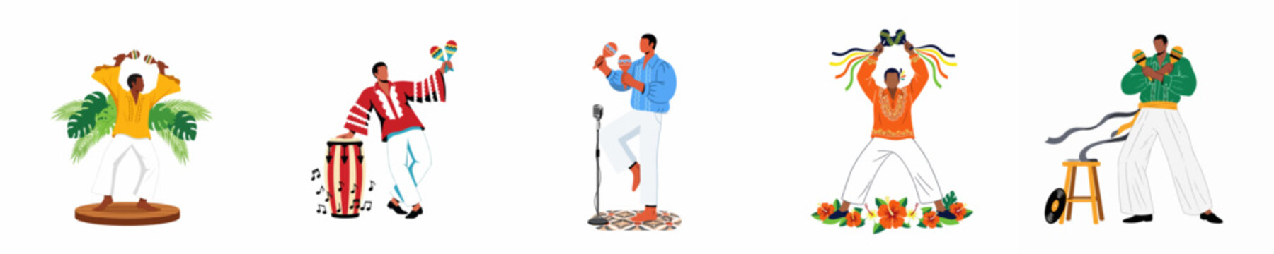 Set of five flat vector illustrations featuring men in traditional Latin American attire playing maracas and drums, celebrating vibrant Caribbean musical culture.